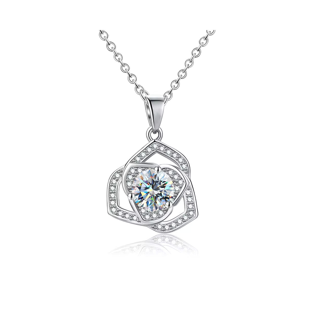 Bloemvormige hanger met 1 karaat moissanite en minidiamantjes, 925 sterling zilver