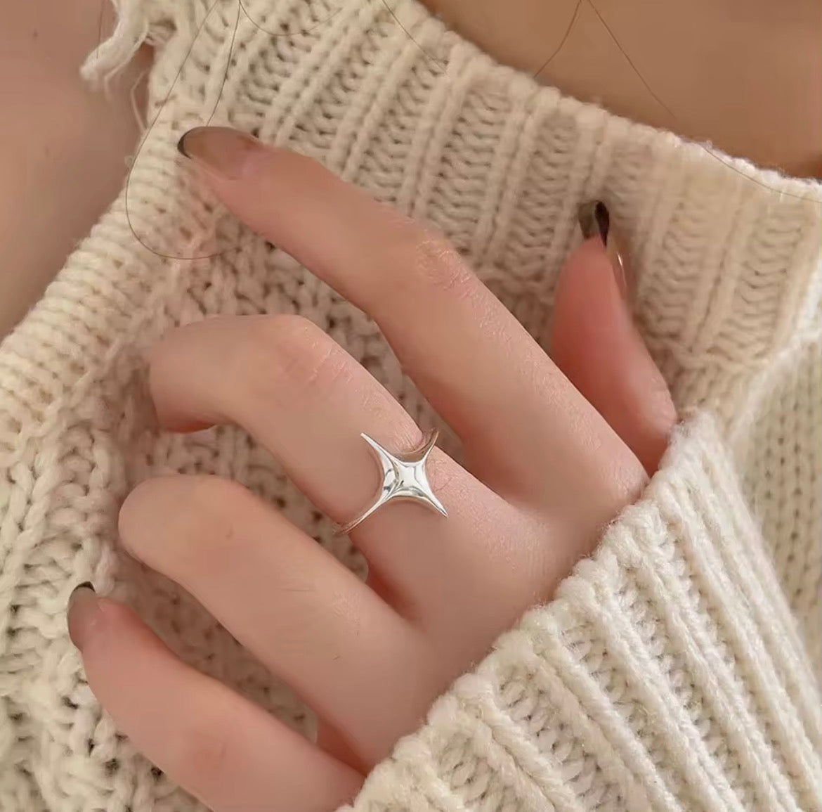 Verstelbare ring met vierpuntige ster, 925 sterling zilver