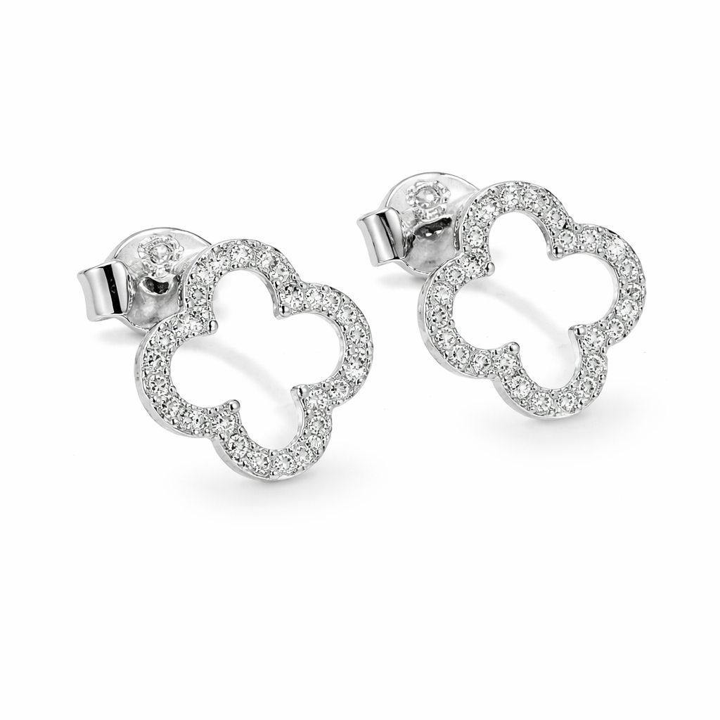 Open klavertje oorbellen met zirkonia en diamant, 925 sterling zilver