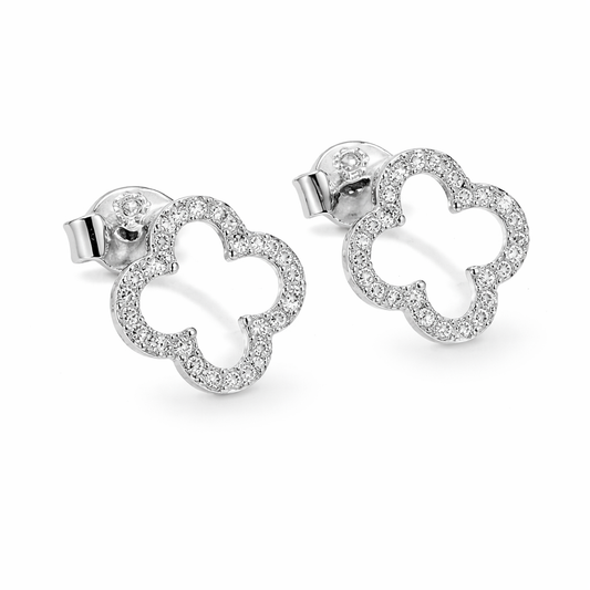 Open klavertje oorbellen met zirkonia en diamant, 925 sterling zilver