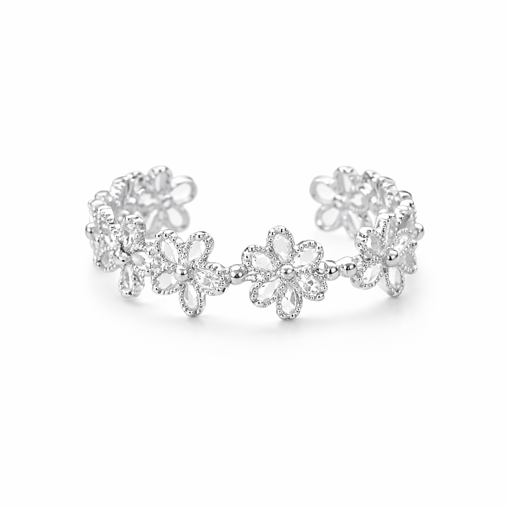 Verstelbare ring met glinsterende bloemenketting, 925 sterling zilver