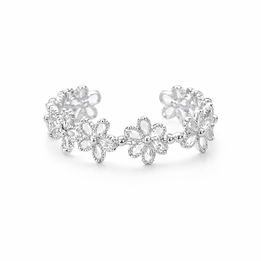 Verstelbare ring met glinsterende bloemenketting, 925 sterling zilver